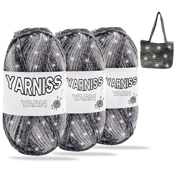 Yarniss Metallic Crochet Yarn for Knitting, 2.5mm Cotton Sparkle Yarn for Crochet Bag 3 Skeins of 100g/82yds(Black)