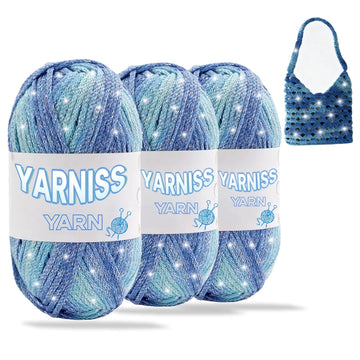 Yarniss Metallic Crochet Yarn for Knitting, 2.5mm Cotton Sparkle Yarn for Crochet Bag 3 Skeins of 100g/82yds(Blue)