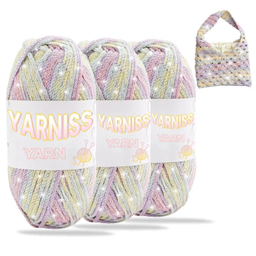 Yarniss Metallic Crochet Yarn for Knitting, 2.5mm Cotton Sparkle Yarn for Crochet Bag 3 Skeins of 100g/82yds(Rainbow Color)