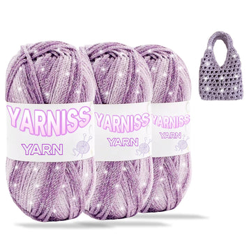 Yarniss Metallic Crochet Yarn for Knitting, 2.5mm Cotton Sparkle Yarn for Crochet Bag 3 Skeins of 100g/82yds(Purple)