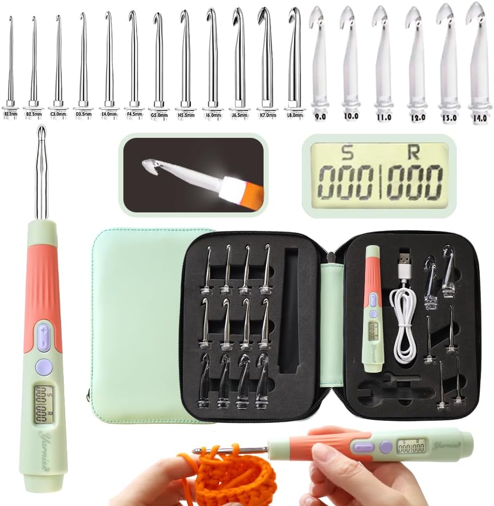 Yarniss Counting Crochet Hooks – 18 LED Sizes (2–14 mm) w/ Counter
