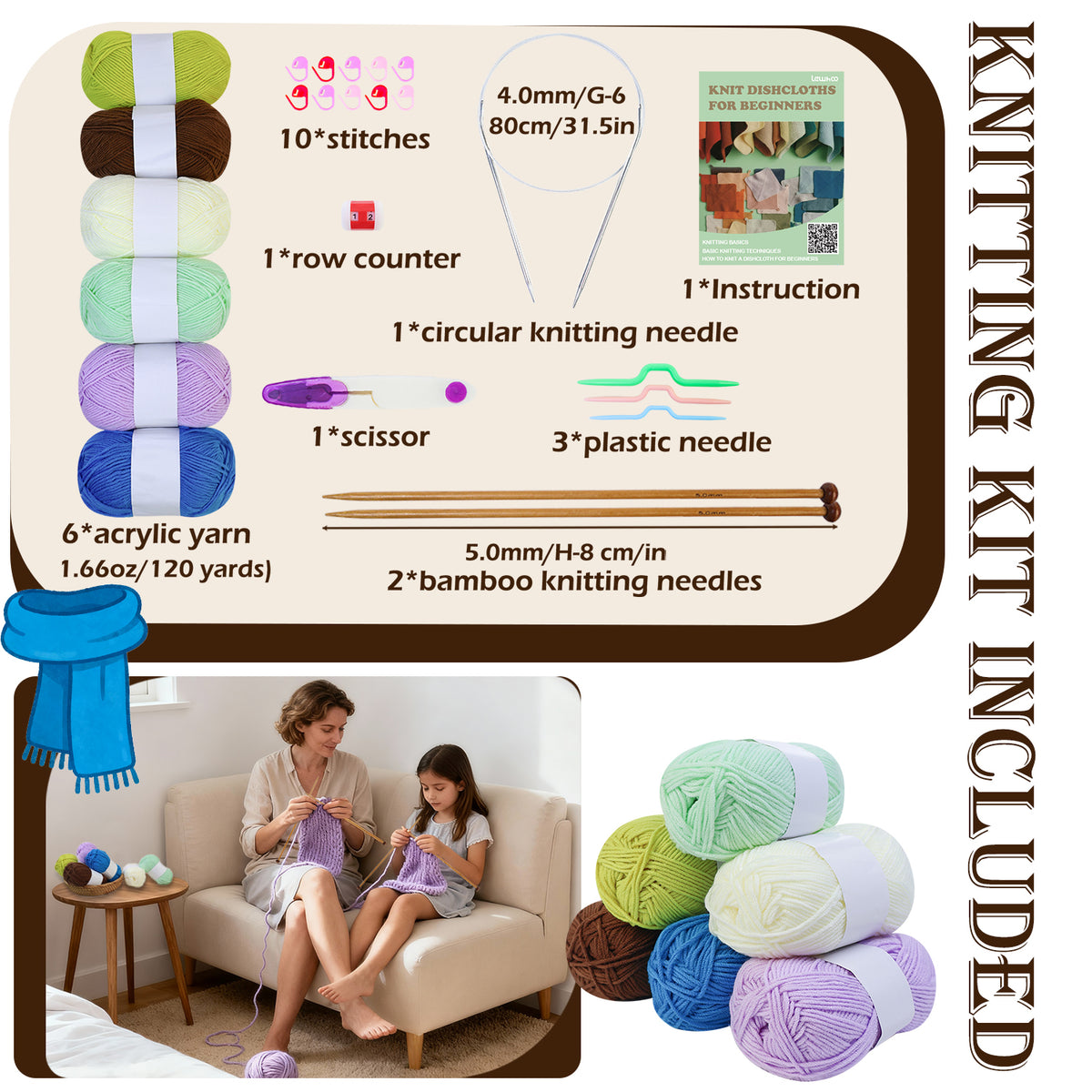 Yarniss Knitting Kit for Beginners,Learn to Knit Kit for 6 Patterns Dishcloth with Step-by-Step Instruction,Complete Knit Starter Kit -Including Yarn, Knitting Needle&Accessories