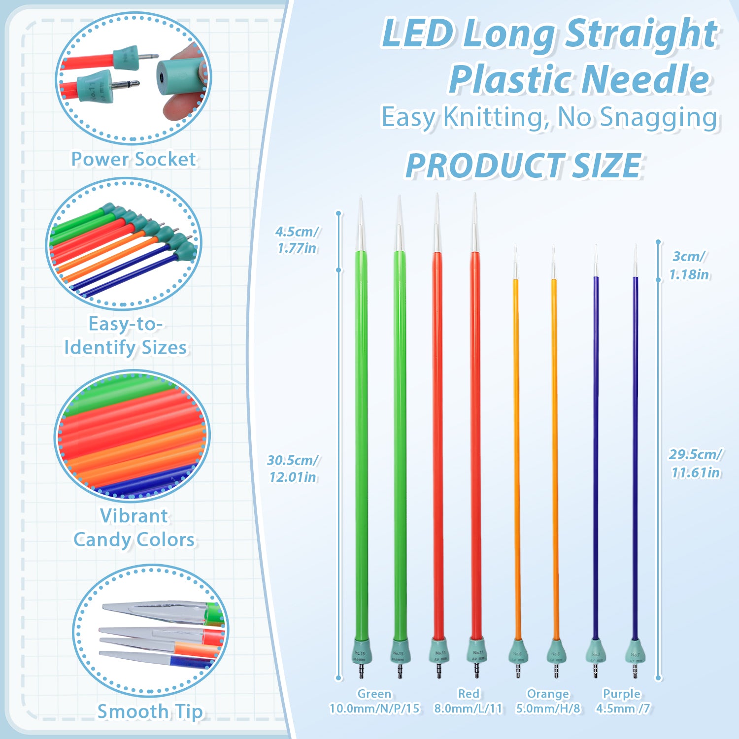 Yarniss Light Up Knitting Needles Set with Case, 4 Pairs Rechargeable Knitting Needle with 2 Replacement Light Heads 4.5mm 5.0mm 8.0mm 10.mm