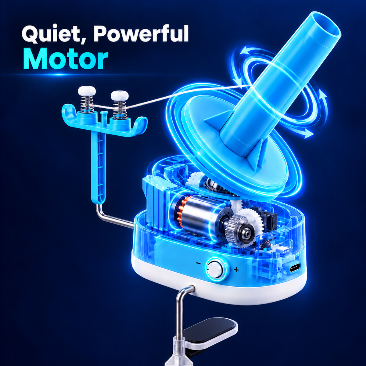 Yarniss Electric Yarn Ball Winder 10oz Large Capacity, Quiet Yarn Cake Winder with High‑Torque Motor, Stepless Speed Yarn Spinner Include 2 Yarn Tubes, Blue