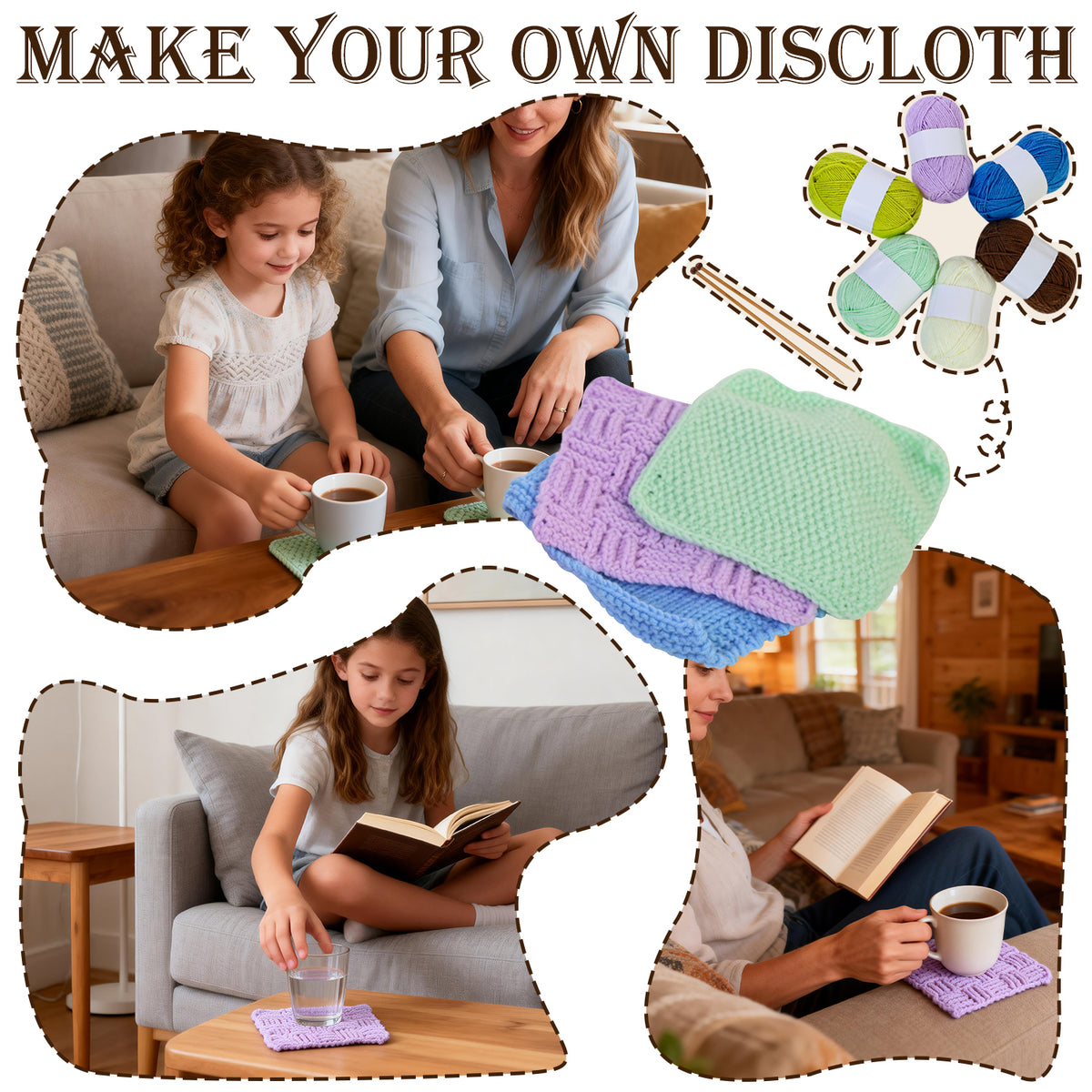 Yarniss Knitting Kit for Beginners,Learn to Knit Kit for 6 Patterns Dishcloth with Step-by-Step Instruction,Complete Knit Starter Kit -Including Yarn, Knitting Needle&Accessories