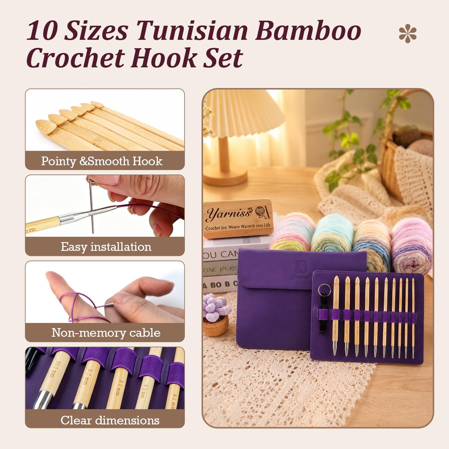 Yarniss Tunisian Bamboo Crochet Hook Set with Swivel Cable 3.5mm-10.0mm, Interchangable Crochet Hooks with Cord for Beginner, Grochet Gift with Case