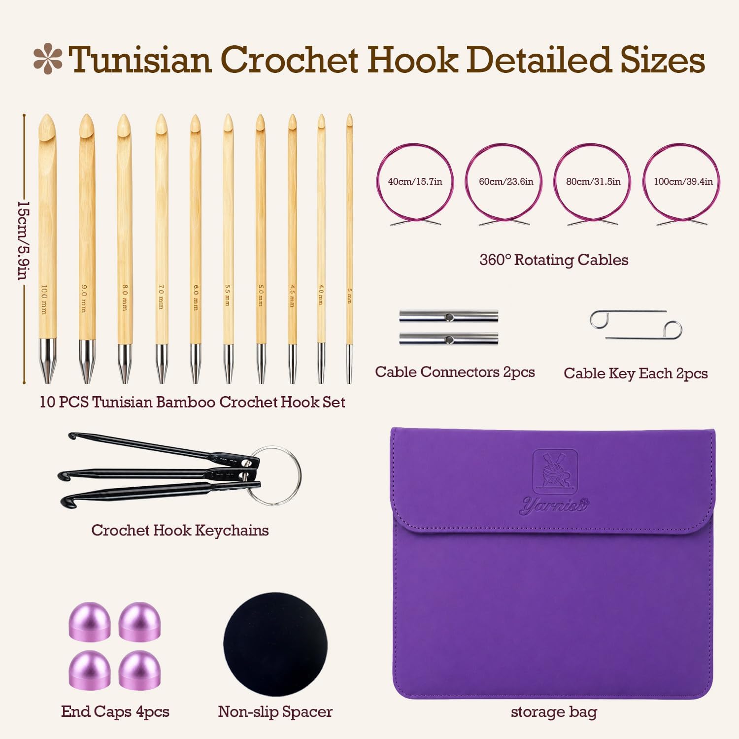 Yarniss Tunisian Bamboo Crochet Hook Set with Swivel Cable 3.5mm-10.0mm, Interchangable Crochet Hooks with Cord for Beginner, Grochet Gift with Case