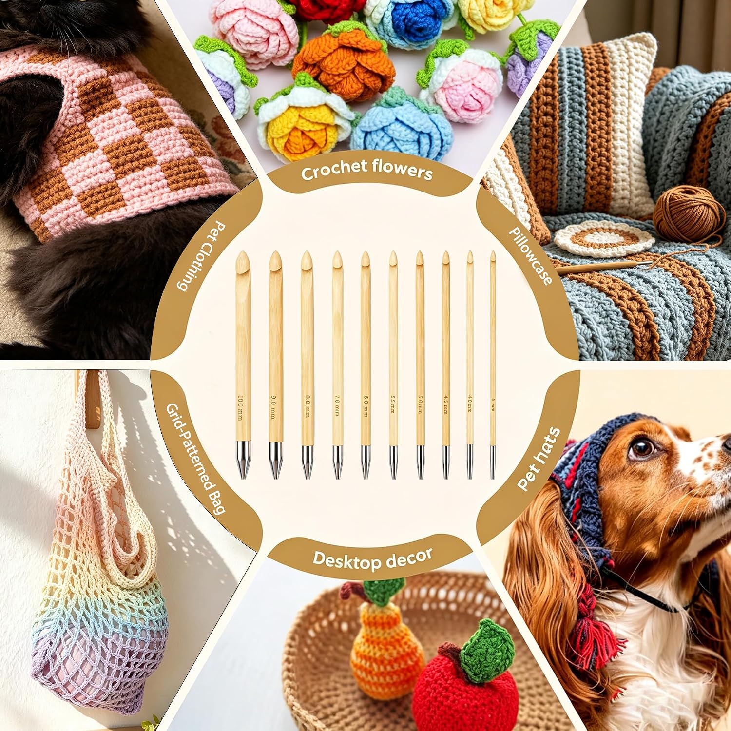Yarniss Tunisian Bamboo Crochet Hook Set with Swivel Cable 3.5mm-10.0mm, Interchangable Crochet Hooks with Cord for Beginner, Grochet Gift with Case