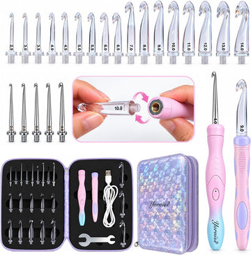 Yarniss Lighted Crochet Hooks Set with Copper Screw Knob Handle, Light Up Metal Crochet Hooks with Ergonomic Handle