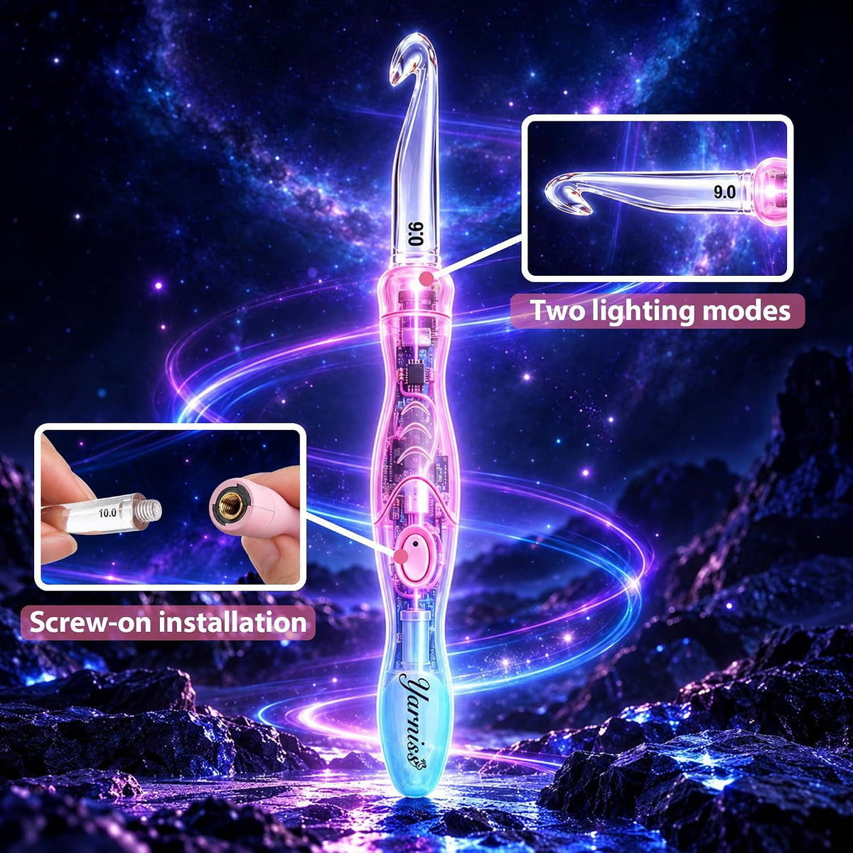 Yarniss Lighted Crochet Hooks Set with Copper Screw Knob Handle, Light Up Metal Crochet Hooks with Ergonomic Handle