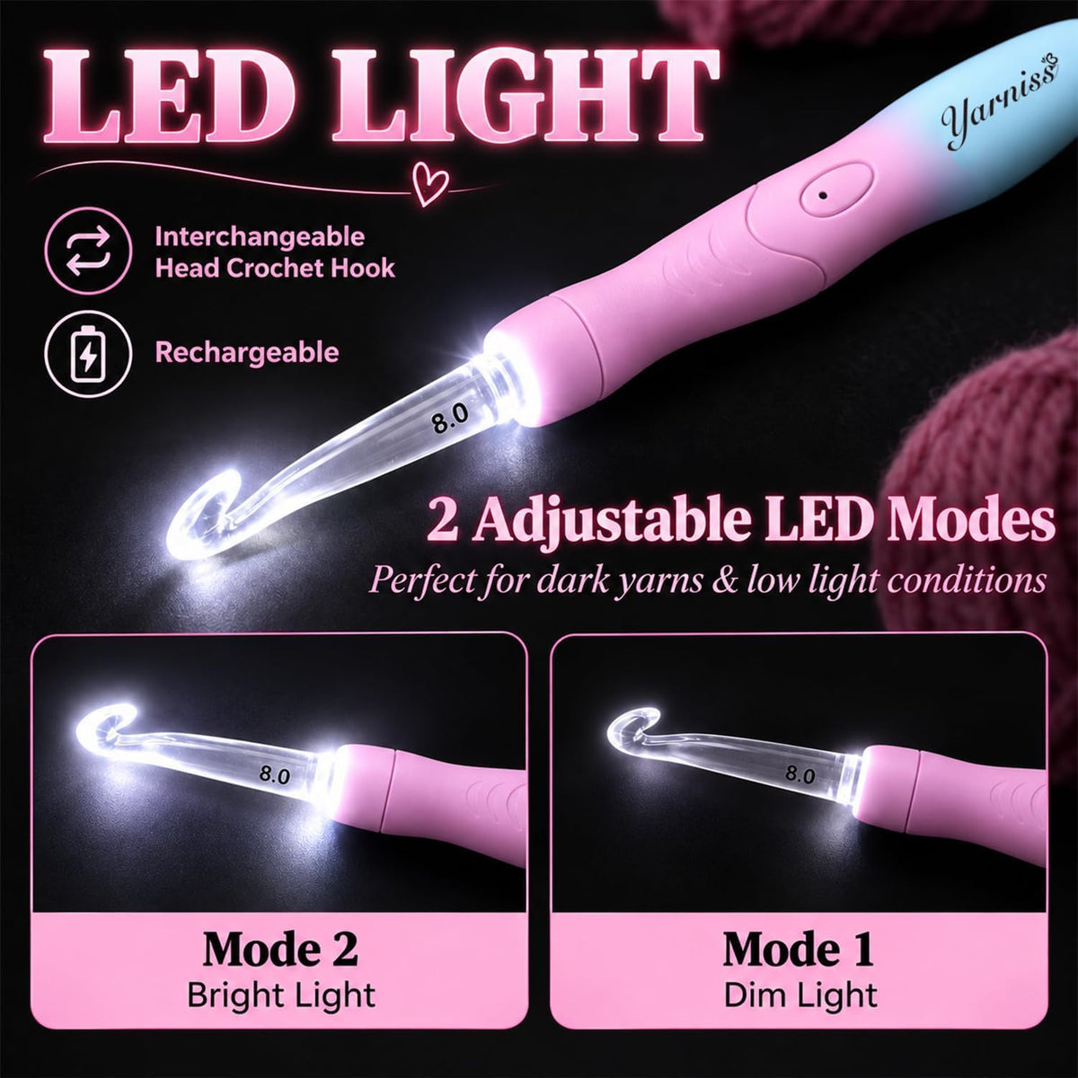 Yarniss Lighted Crochet Hooks Set with Copper Screw Knob Handle, Light Up Metal Crochet Hooks with Ergonomic Handle