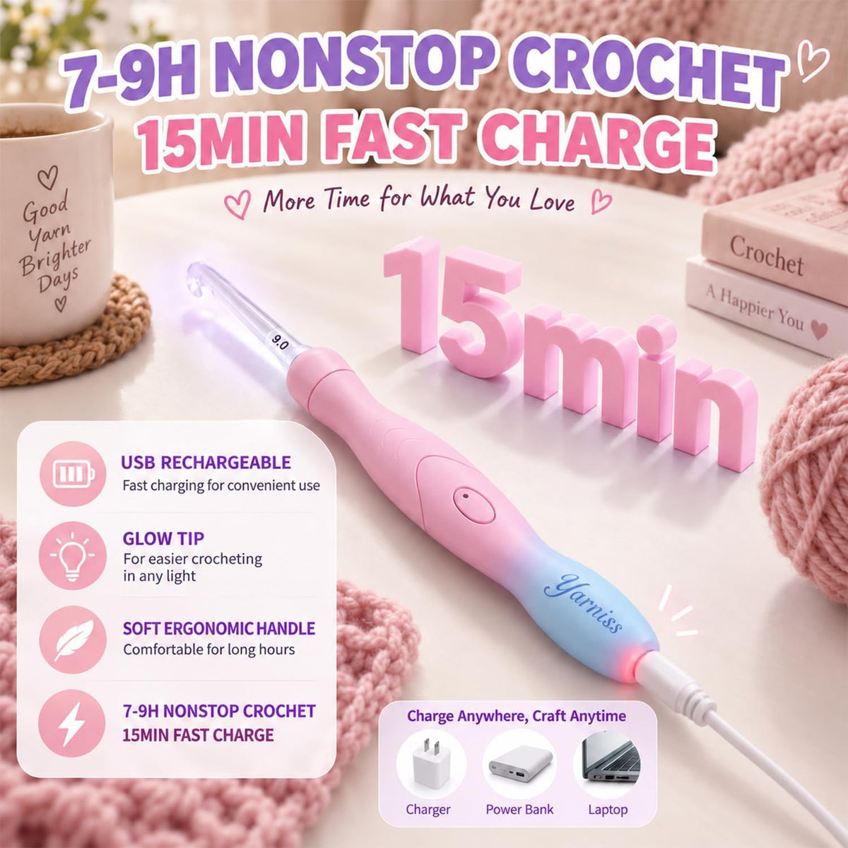 Yarniss Lighted Crochet Hooks Set with Copper Screw Knob Handle, Light Up Metal Crochet Hooks with Ergonomic Handle