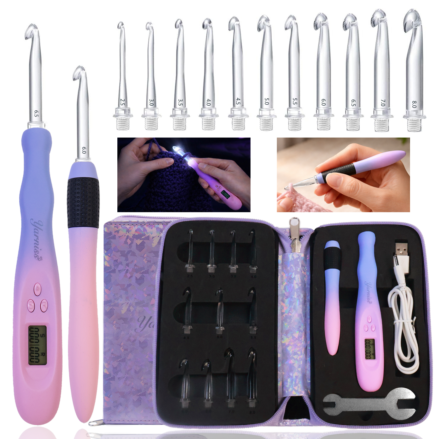 Yarniss Light Up Metal Head Crochet Hooks 2.5-6.5mm,2 Size Lighted Knitting Needles Set 4.25mm 5.0mm, Includes 2 Extra USB Rechargeable Heads with Case