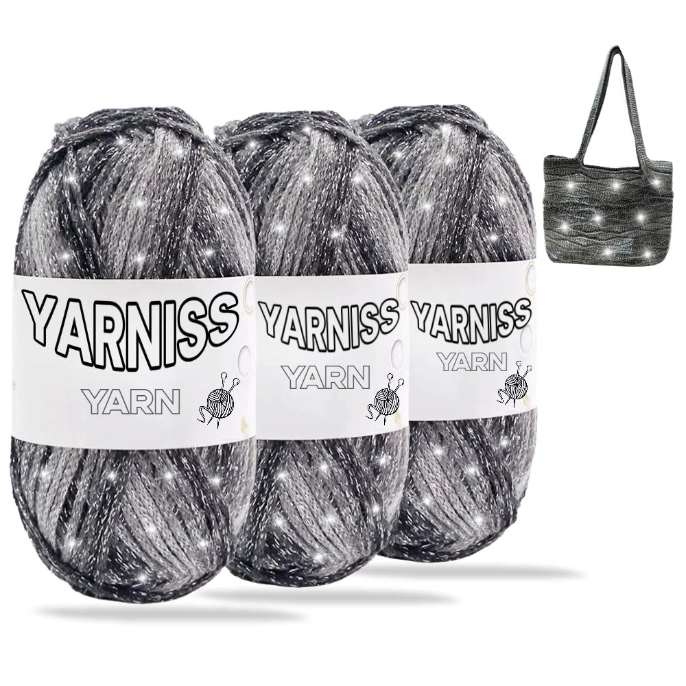 Yarniss Metallic Crochet Yarn for Knitting, 2.5mm Cotton Sparkle Yarn for Crochet Bag 3 Skeins of 100g/82yds(Black)