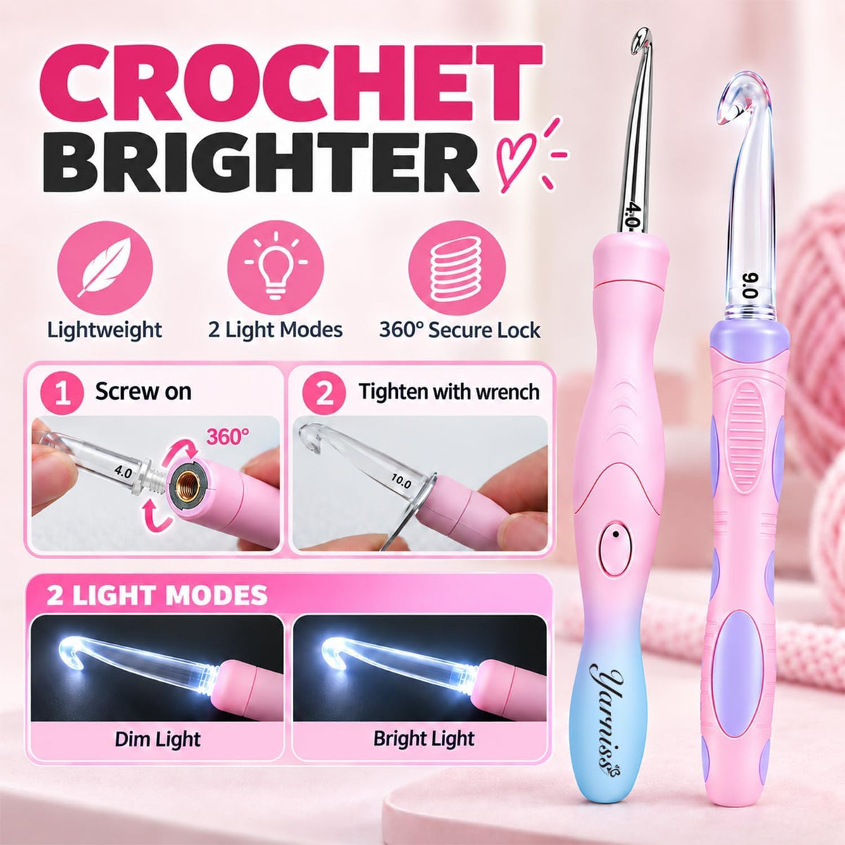Yarniss Lighted Crochet Hooks Set with Copper Screw Knob Handle, Light Up Metal Crochet Hooks with Ergonomic Handle