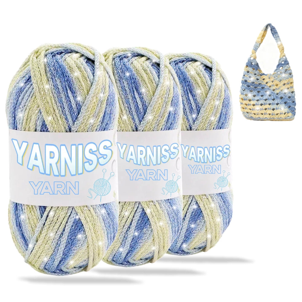 Yarniss Metallic Crochet Yarn for Knitting, 2.5mm Cotton Sparkle Yarn for Crochet Bag 3 Skeins of 100g/82yds(Blue Yellow)