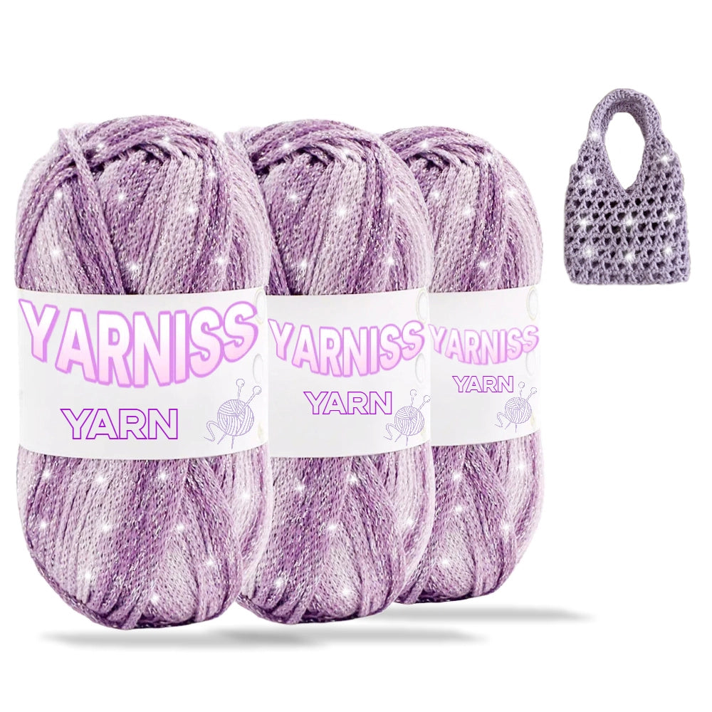 Yarniss Metallic Crochet Yarn for Knitting, 2.5mm Cotton Sparkle Yarn for Crochet Bag 3 Skeins of 100g/82yds(Purple)