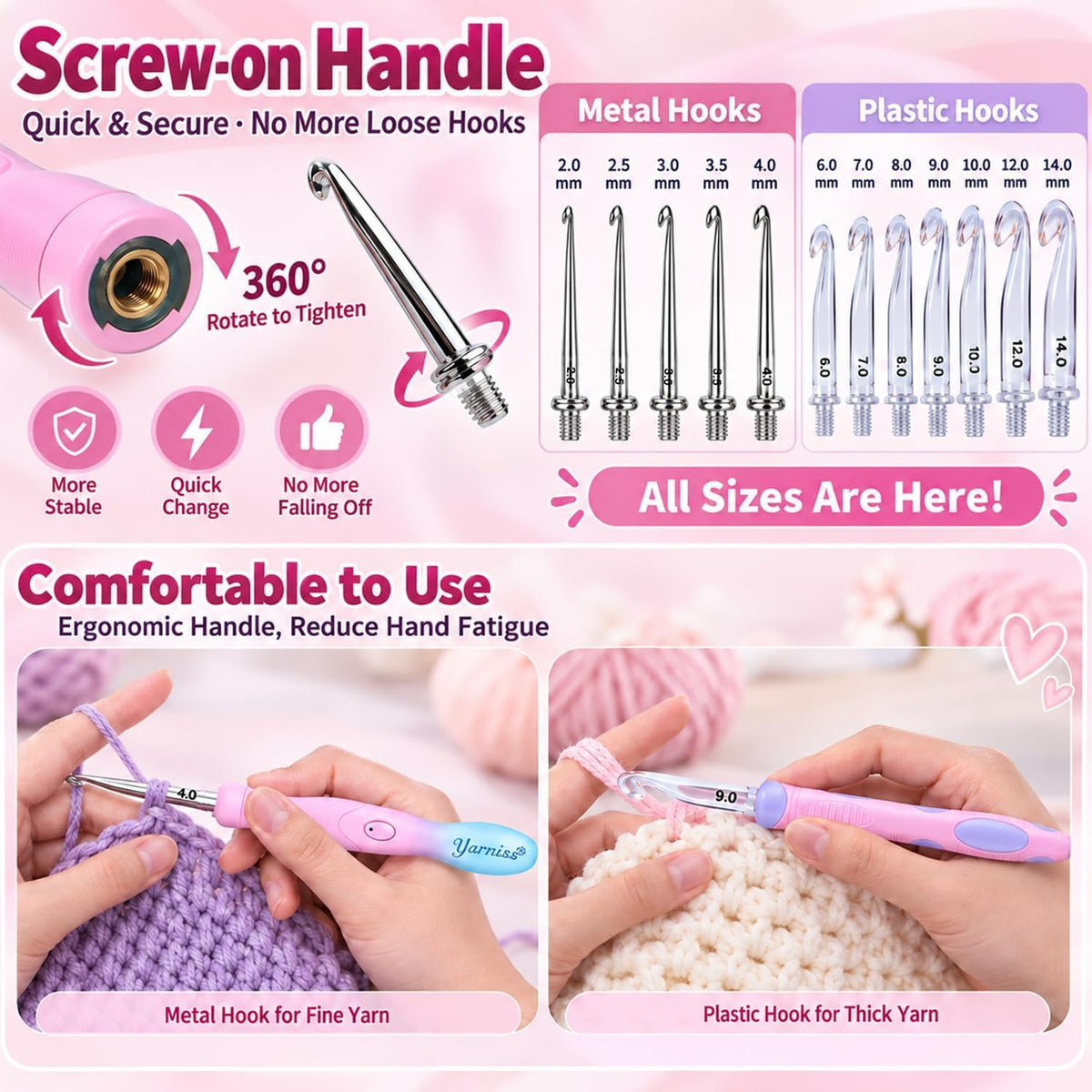 Yarniss Lighted Crochet Hooks Set with Copper Screw Knob Handle, Light Up Metal Crochet Hooks with Ergonomic Handle