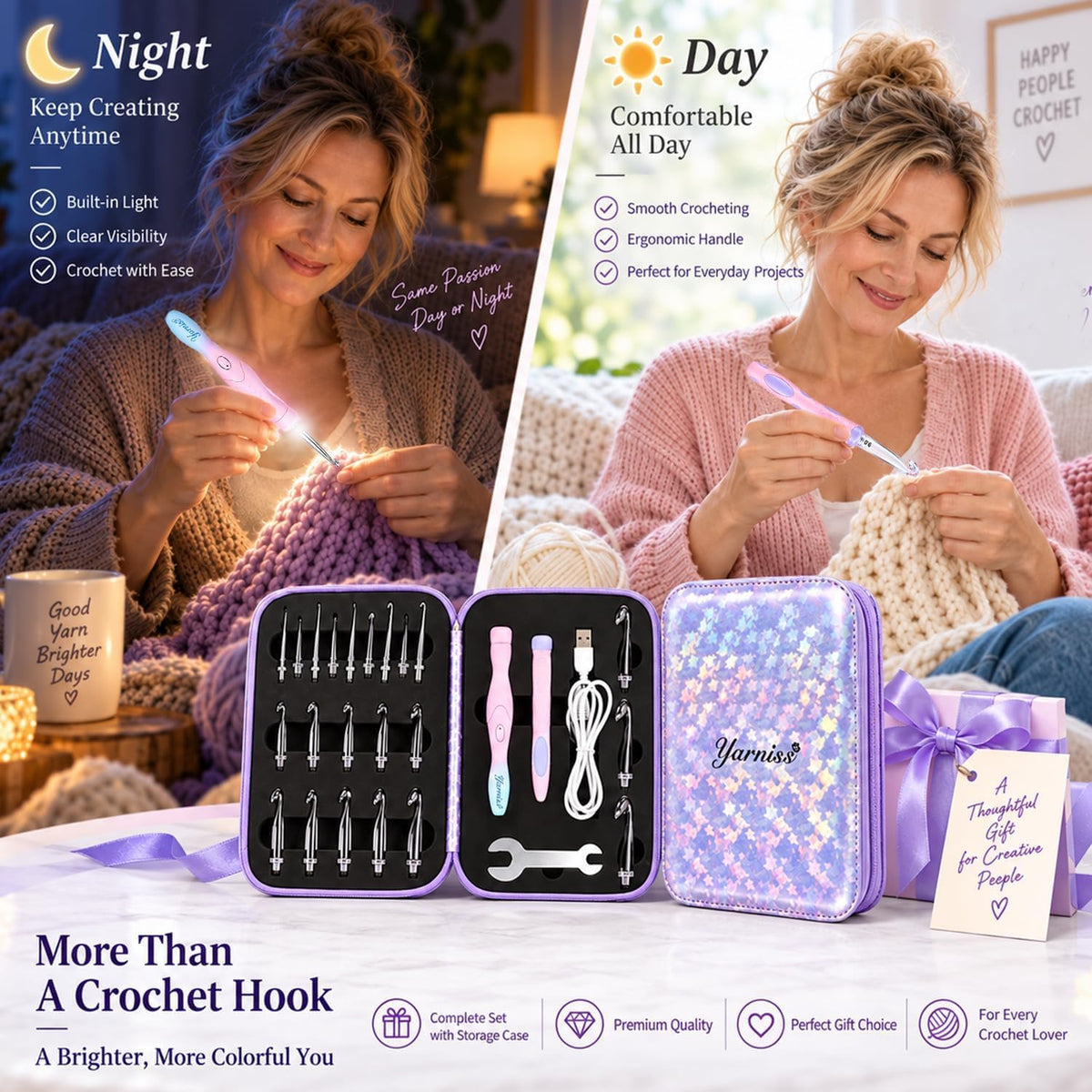 Yarniss Lighted Crochet Hooks Set with Copper Screw Knob Handle, Light Up Metal Crochet Hooks with Ergonomic Handle