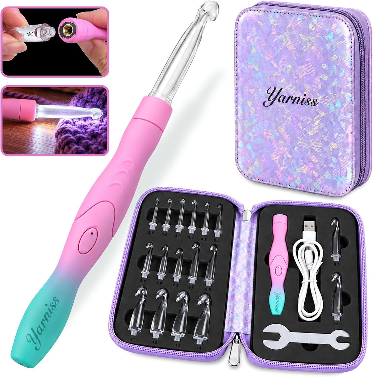 Yarniss Lighted Crochet Hooks Set with Copper Screw Knob Handle, Light Up Metal Crochet Hooks with Ergonomic Handle