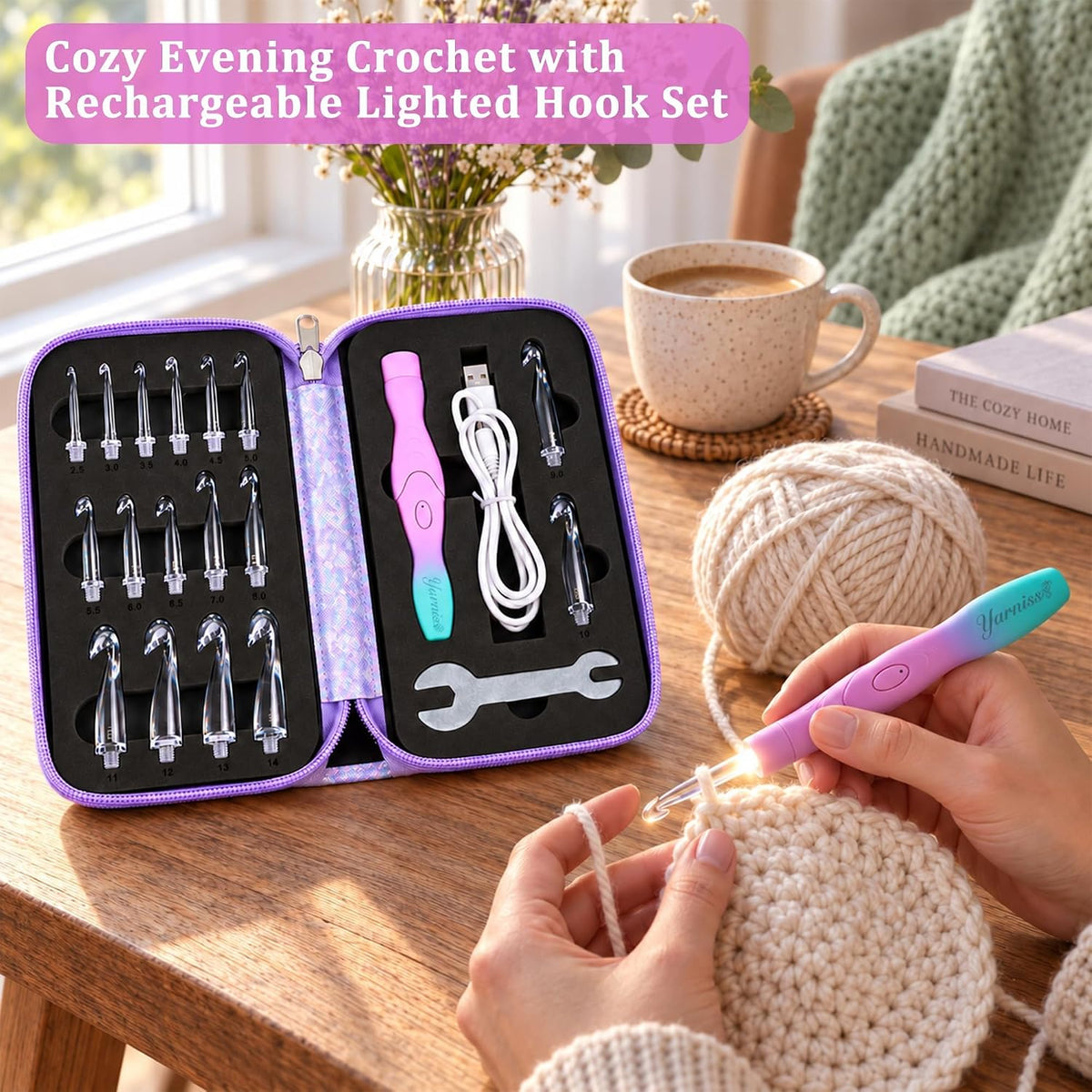 Yarniss Lighted Crochet Hooks Set with Copper Screw Knob Handle, Light Up Metal Crochet Hooks with Ergonomic Handle