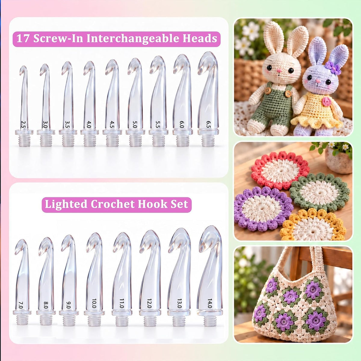 Yarniss Lighted Crochet Hooks Set with Copper Screw Knob Handle, Light Up Metal Crochet Hooks with Ergonomic Handle