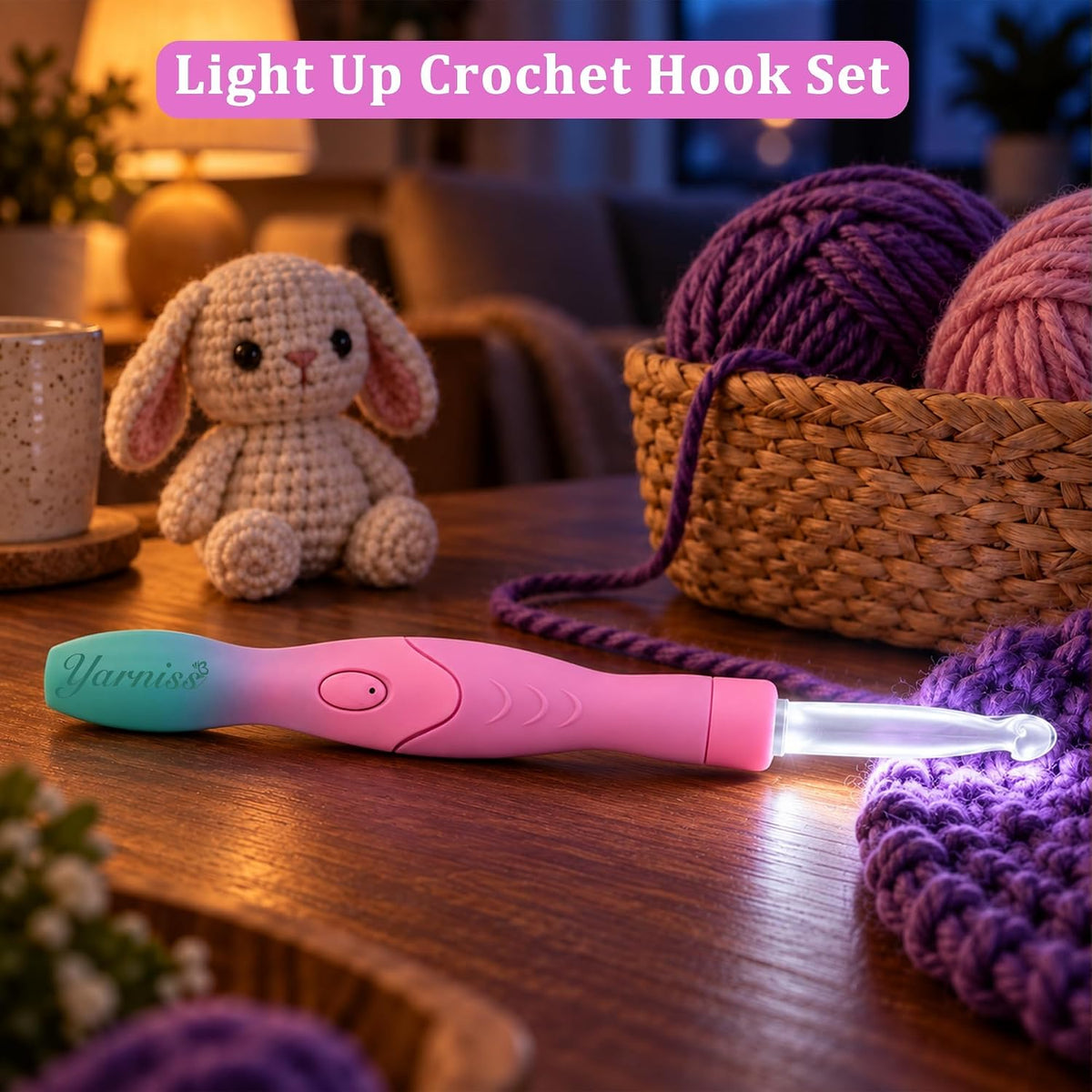 Yarniss Lighted Crochet Hooks Set with Copper Screw Knob Handle, Light Up Metal Crochet Hooks with Ergonomic Handle