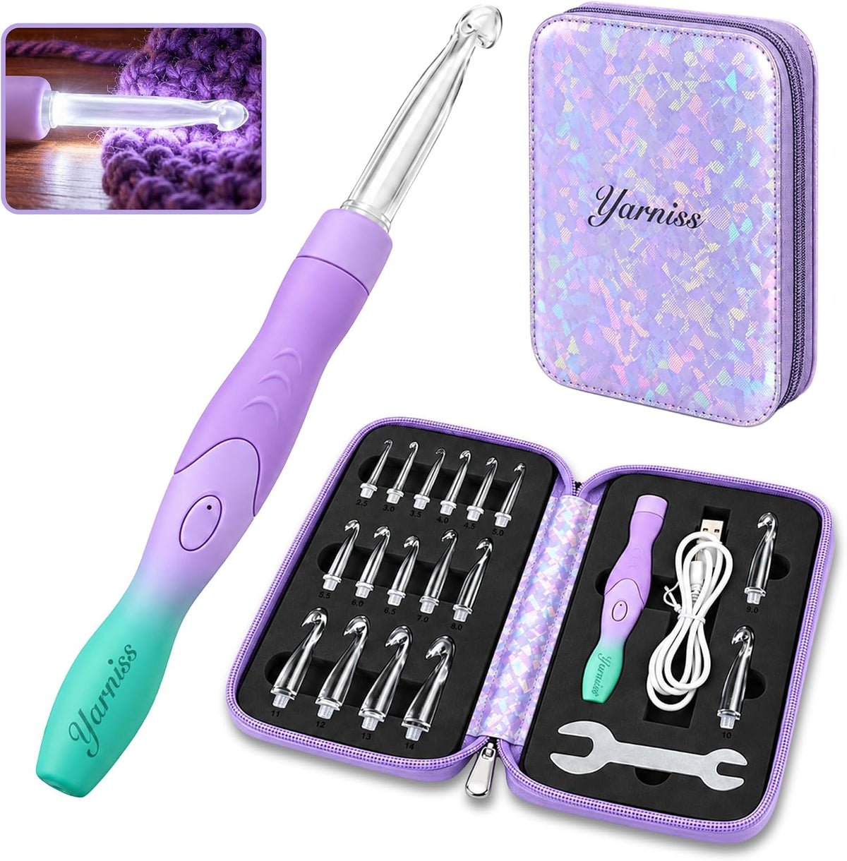 Yarniss Lighted Crochet Hooks Set with Copper Screw Knob Handle, Light Up Metal Crochet Hooks with Ergonomic Handle