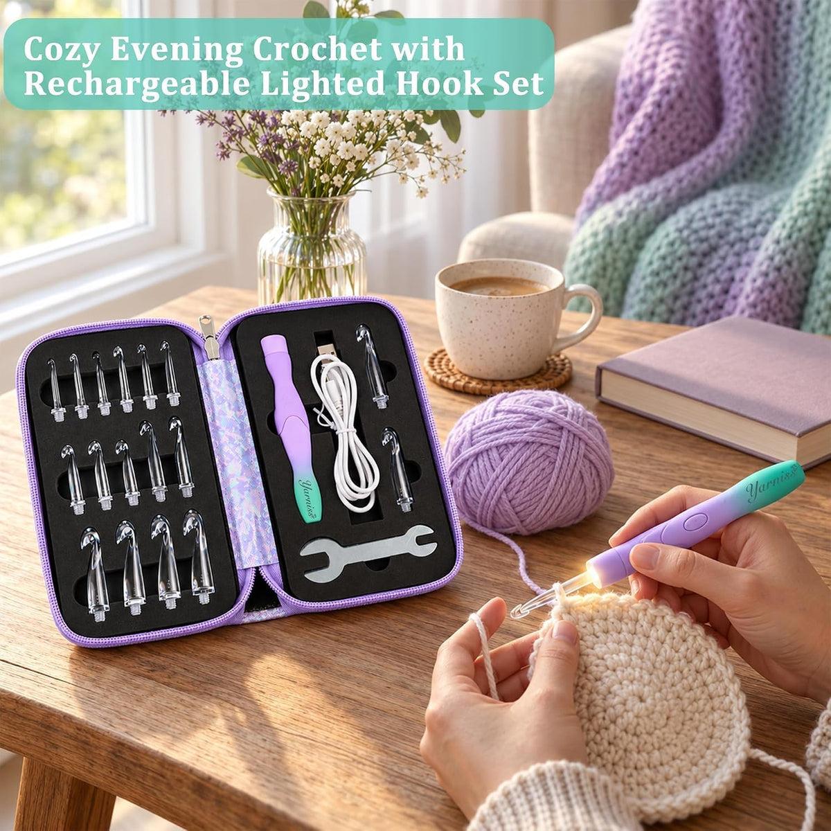 Yarniss Lighted Crochet Hooks Set with Copper Screw Knob Handle, Light Up Metal Crochet Hooks with Ergonomic Handle