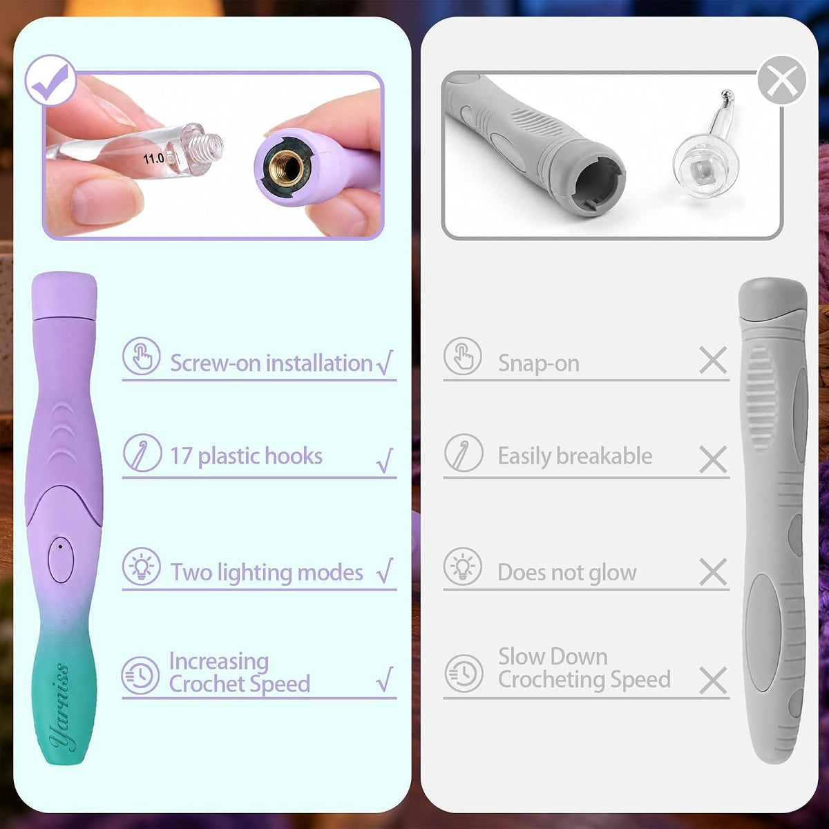 Yarniss Lighted Crochet Hooks Set with Copper Screw Knob Handle, Light Up Metal Crochet Hooks with Ergonomic Handle