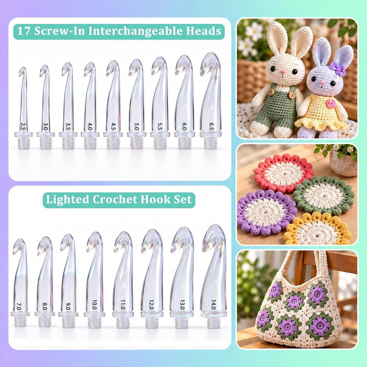Yarniss Lighted Crochet Hooks Set with Copper Screw Knob Handle, Light Up Metal Crochet Hooks with Ergonomic Handle