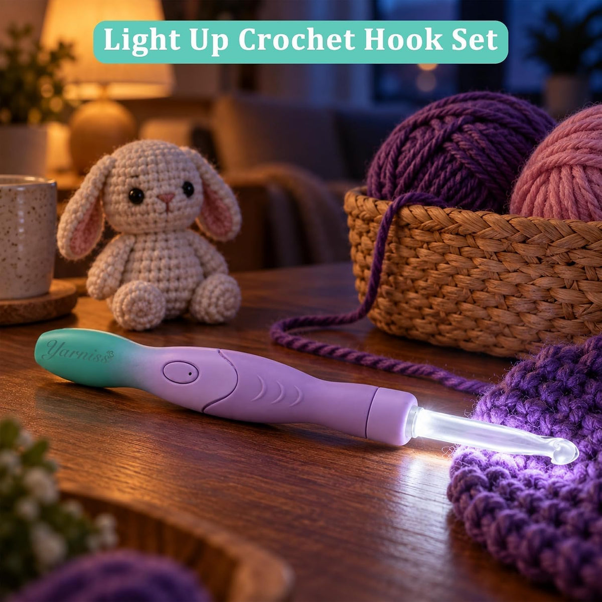 Yarniss Lighted Crochet Hooks Set with Copper Screw Knob Handle, Light Up Metal Crochet Hooks with Ergonomic Handle