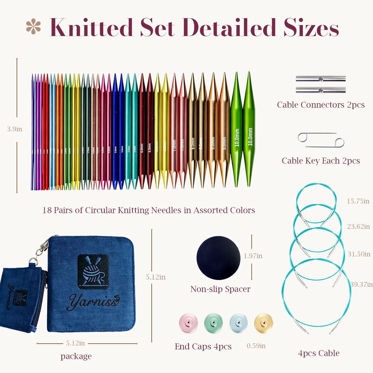 Yarniss 18 Pairs Circular Knitting Needles Set US Sizes 0-15, Aluminum Interchangeable Knitting Needles Kit with 4 Free-Memory Swivel Cables and Storage Case