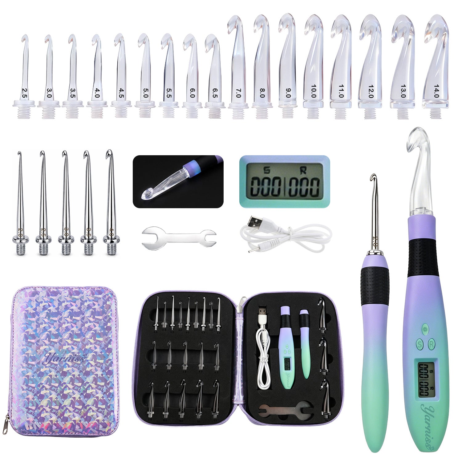 Yarniss 22 in 2 Lighted Counting Crochet Hook Set with Spiral Handle 2.0~14.0mm, Rechargeable Light Up Crochet Hook with Stitch Counter &amp; Case, Colorful Purple
