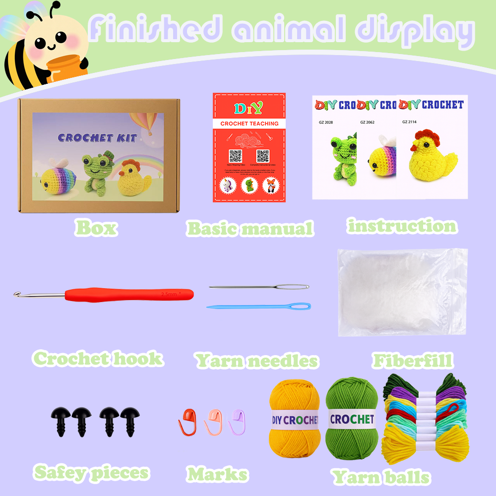 Yarniss Crochet Kit for Beginners,DIY Crochet Animal Kits for Bee,Frog,Chicken