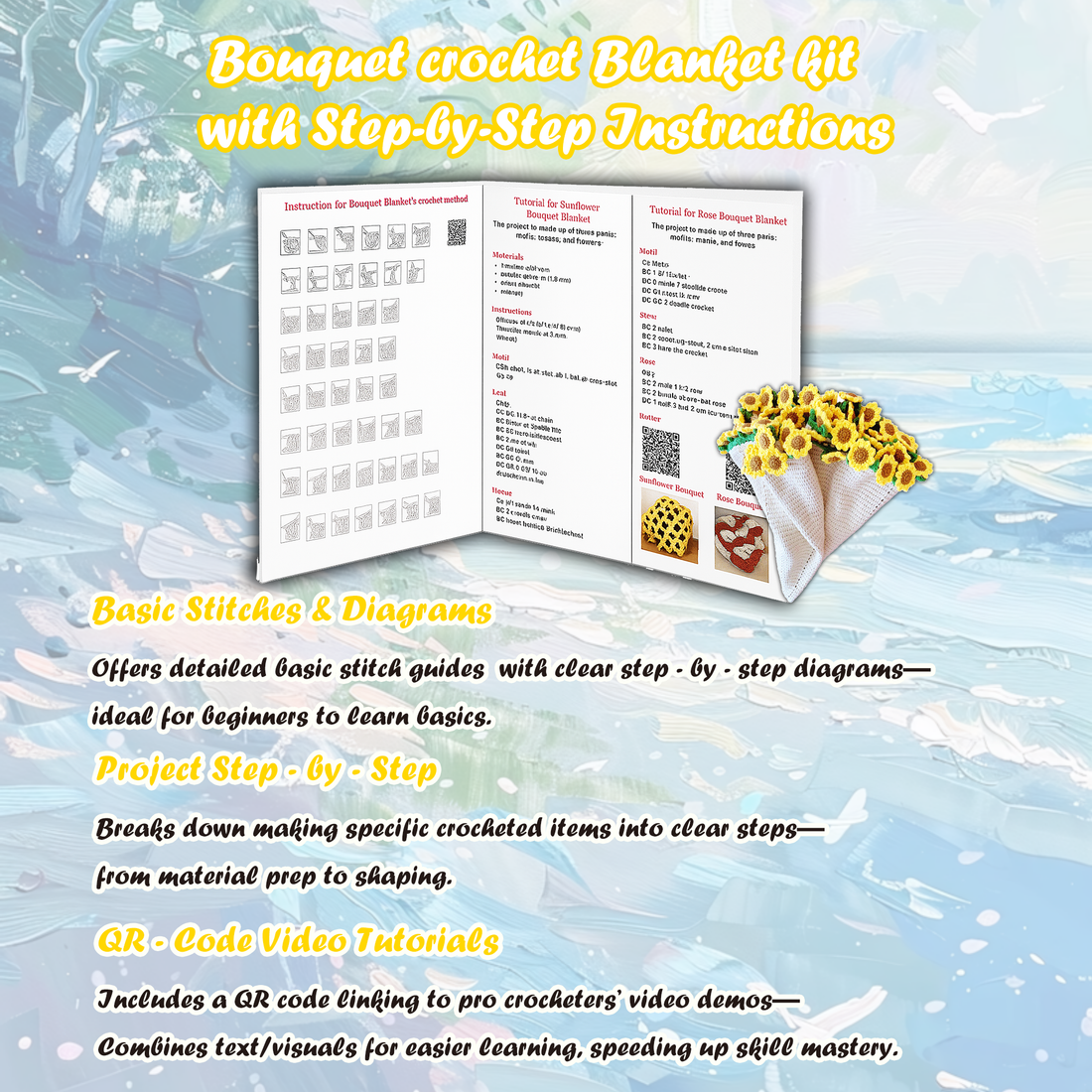 Yarniss Crochet Kit for Blanket, Sunflower Blanket Kit with Instruction & Step-by-Step Video Tutorial, Floral Blanket Set for Beginner