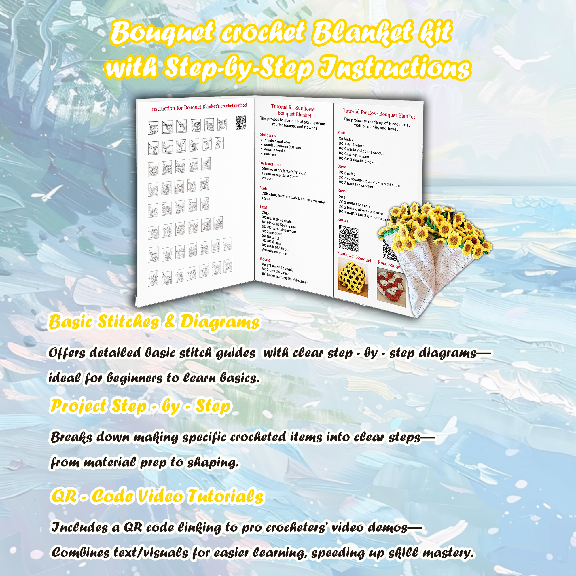 Yarniss Crochet Kit for Blanket, Sunflower Blanket Kit with Instruction & Step-by-Step Video Tutorial, Floral Blanket Set for Beginner