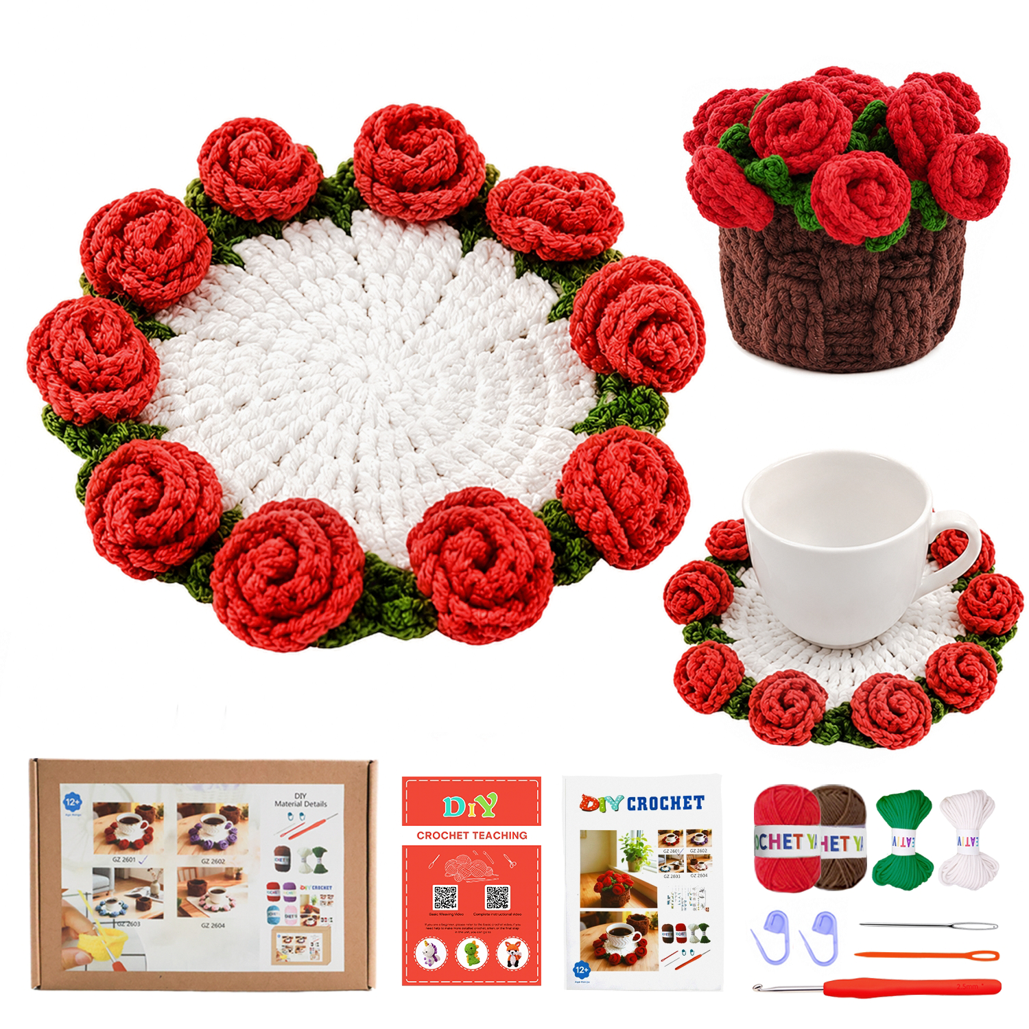 Yarniss Crochet Kit for Beginners,Crochet Coaster Starter Set,Stitch Crochet Kit Easy to Follow Video Tutorials Included