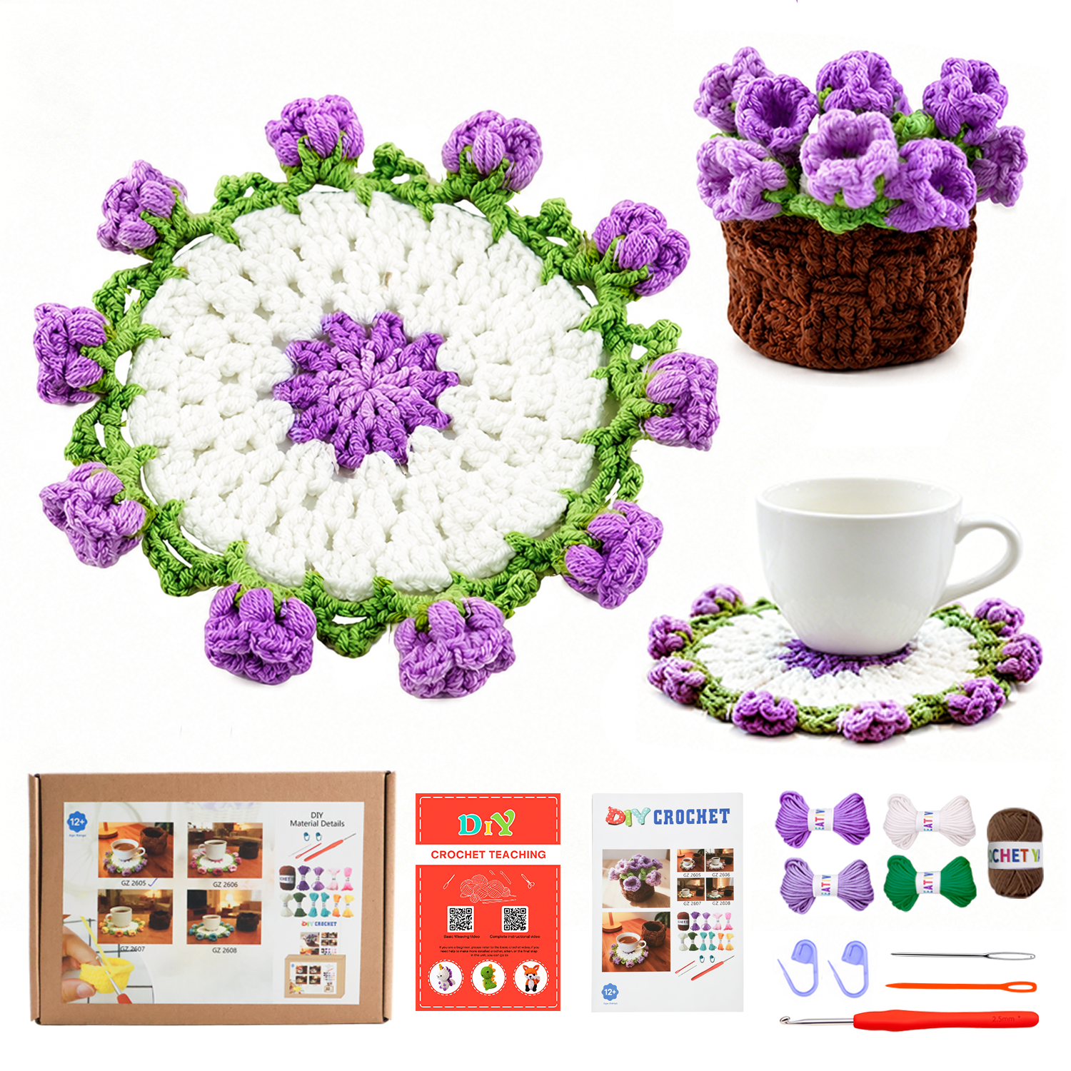 Yarniss Crochet Kit for Beginners,Crochet Coaster Starter Set,Stitch Crochet Kit Easy to Follow Video Tutorials Included