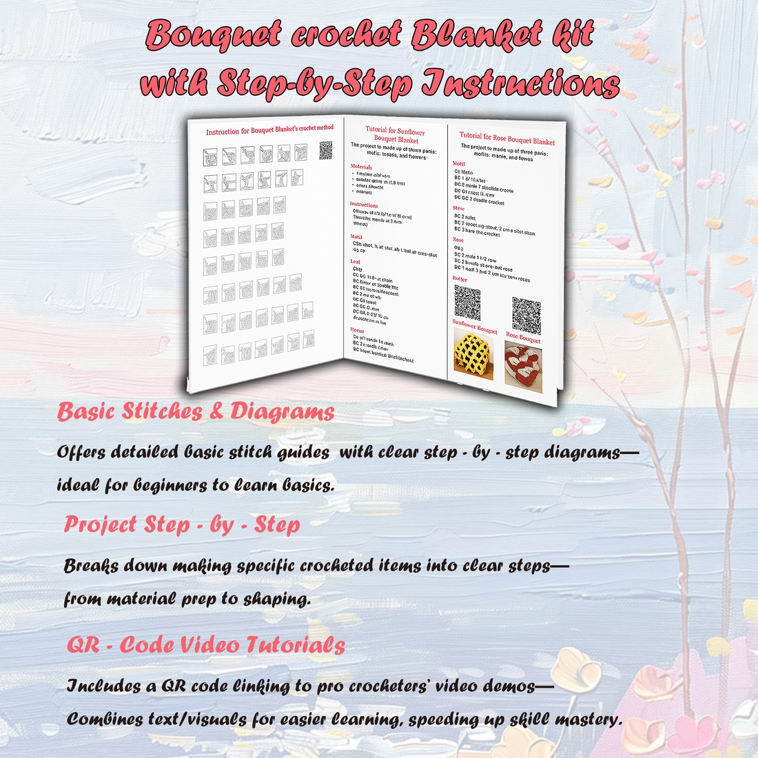 Yarniss DIY Crochet Rose Bouquet Blanket Kit, All-Inclusive 70cm Handmade Craft Kit with Yarn, Hooks & Patterns Materials Pack of Floral Blanket for Craft Lovers
