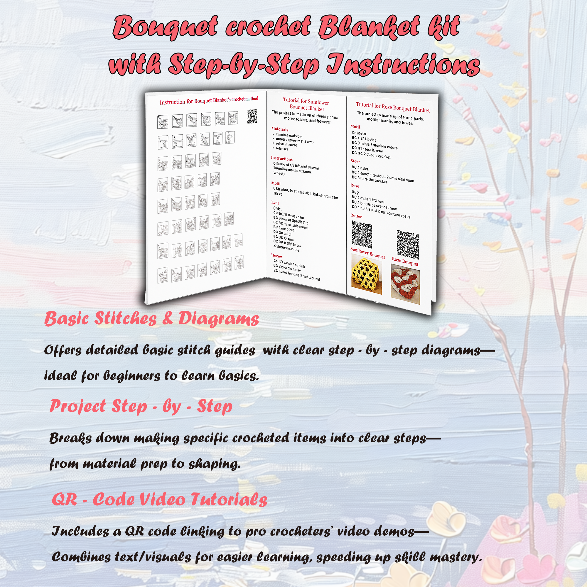 Yarniss DIY Crochet Rose Bouquet Blanket Kit, All-Inclusive 70cm Handmade Craft Kit with Yarn, Hooks & Patterns Materials Pack of Floral Blanket for Craft Lovers