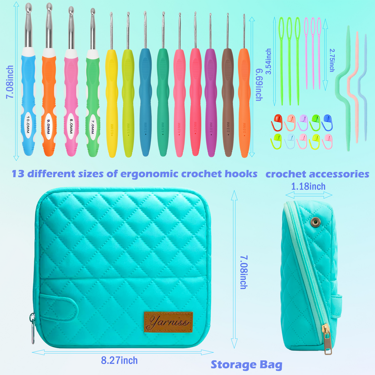 Yarniss 33 pcs Crochet Hooks Kit Knitting Accessories with Crochet Case, Colorful Ergonomic Crochet Needles Set with Case