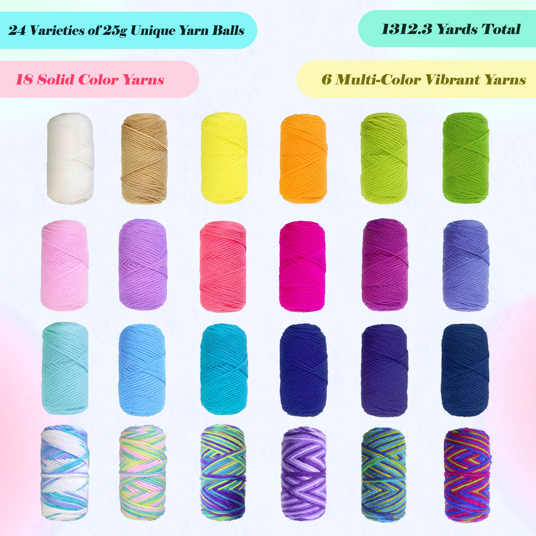 Yarniss Crochet Yarn Kits, 1312 Yards Acrylic Crochet Yarn for Crafts,24 Colors Knitting Yarn Skeins with 4.0mm Crochet Hook