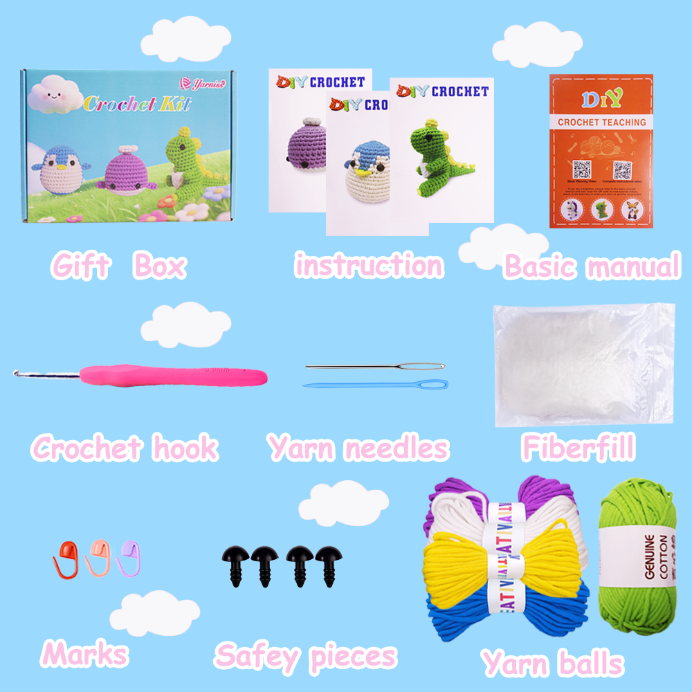Yarniss Crochet Kit for Beginners,Easy Arts and Crafts Knitting & Crochet Animals Kit,Complete Kit Included ( Penguin,Whale,Dinosaur)