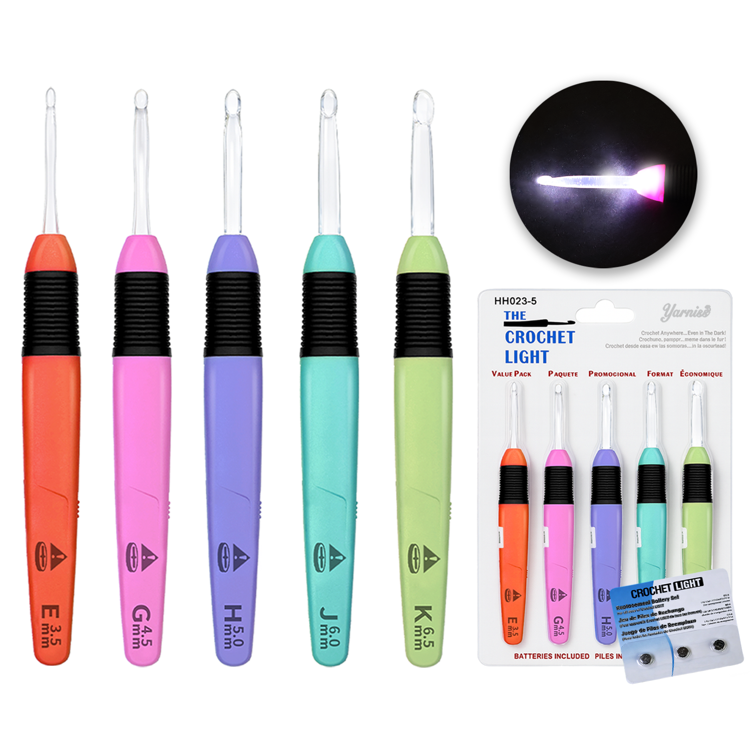 Yarniss Light Up Crochet Hook with Battery, Illuminated Crochet Hook with LED Light Including 5 Sizes 3.5mm, 4.5mm, 5.0mm, 5.5mm, and 6.5mm