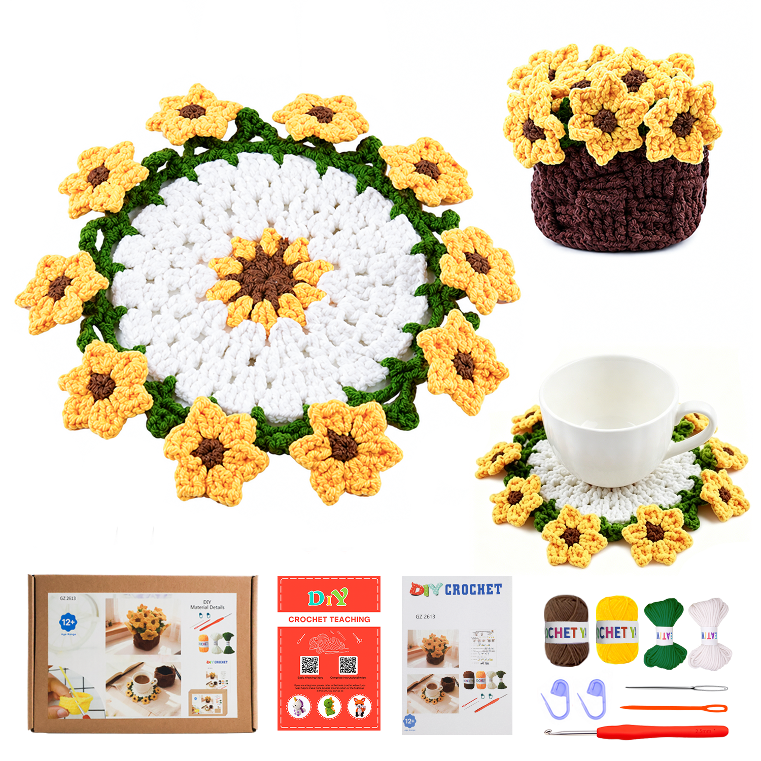 Yarniss Crochet Kit for Beginners,Crochet Coaster Starter Set,Stitch Crochet Kit Easy to Follow Video Tutorials Included