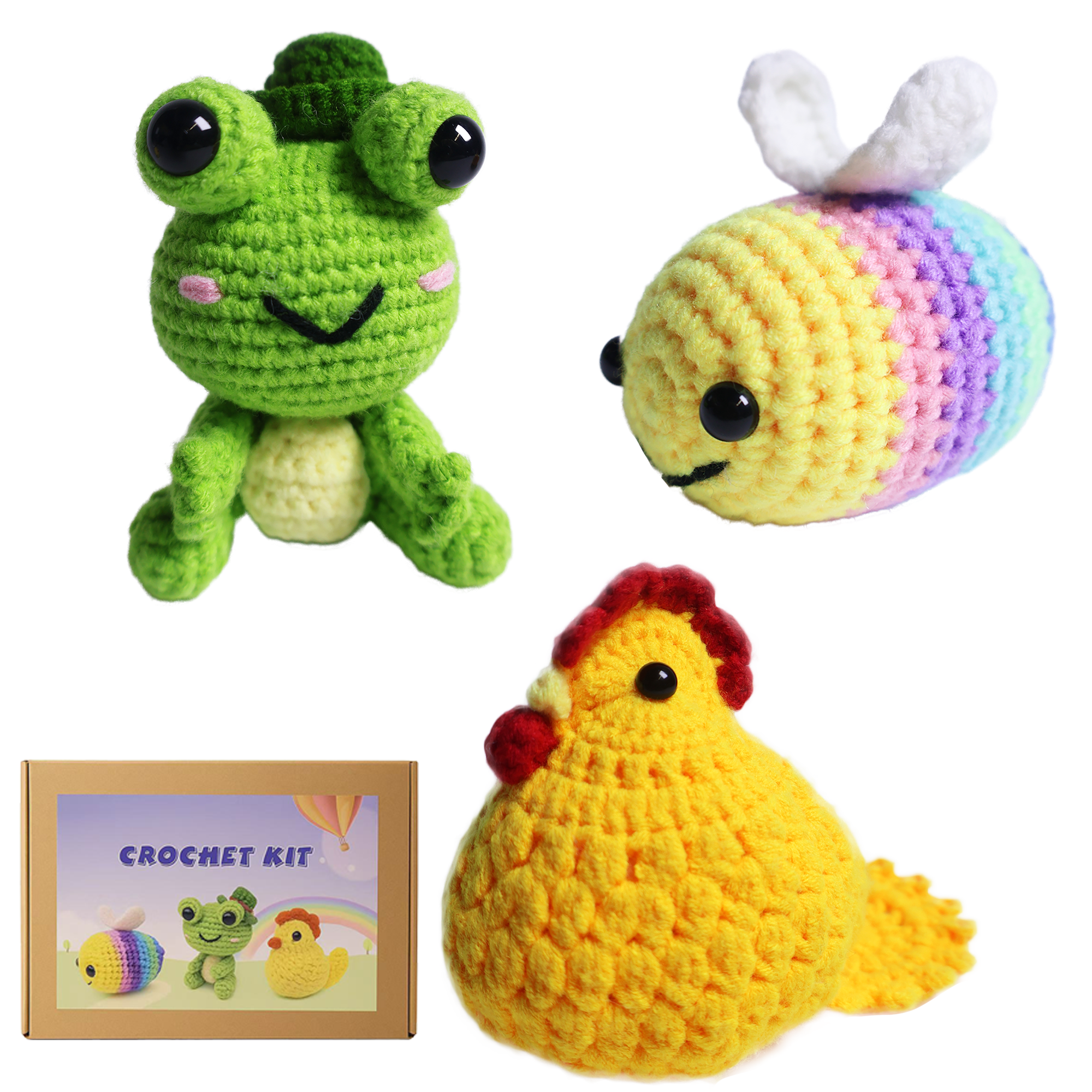 Yarniss Crochet Kit for Beginners,DIY Crochet Animal Kits for Bee,Frog,Chicken