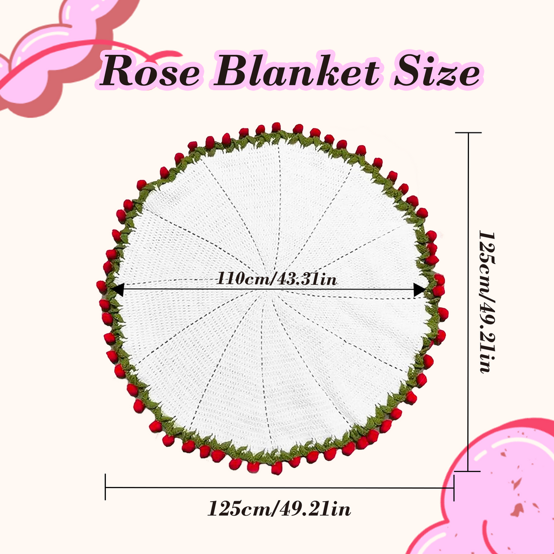 Yarniss Crochet Rose Bouquet Blanket 49"x49", Handmade Flower Blanket, Round Floral Blanket Gifts for Birthday &Valentine Day