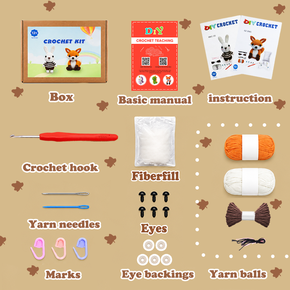 Yarniss Animal Crochet Kit for Beginners-2-Piece Little Rabbit and Fox Crochet Starter Kit with Step-by-Step Video Tutorials, DIY Craft Gifts