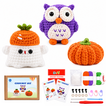 Yarniss Crochet Kit for Beginners-3 Pcs Animal Crochet Kit with Little Pumpkin, Little Ghost and Owl-Crochet Kits for Adults Beginner with Video Tutorials